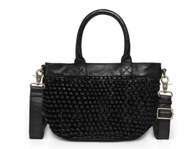 Læder håndtaske dekoreret med flet - sort